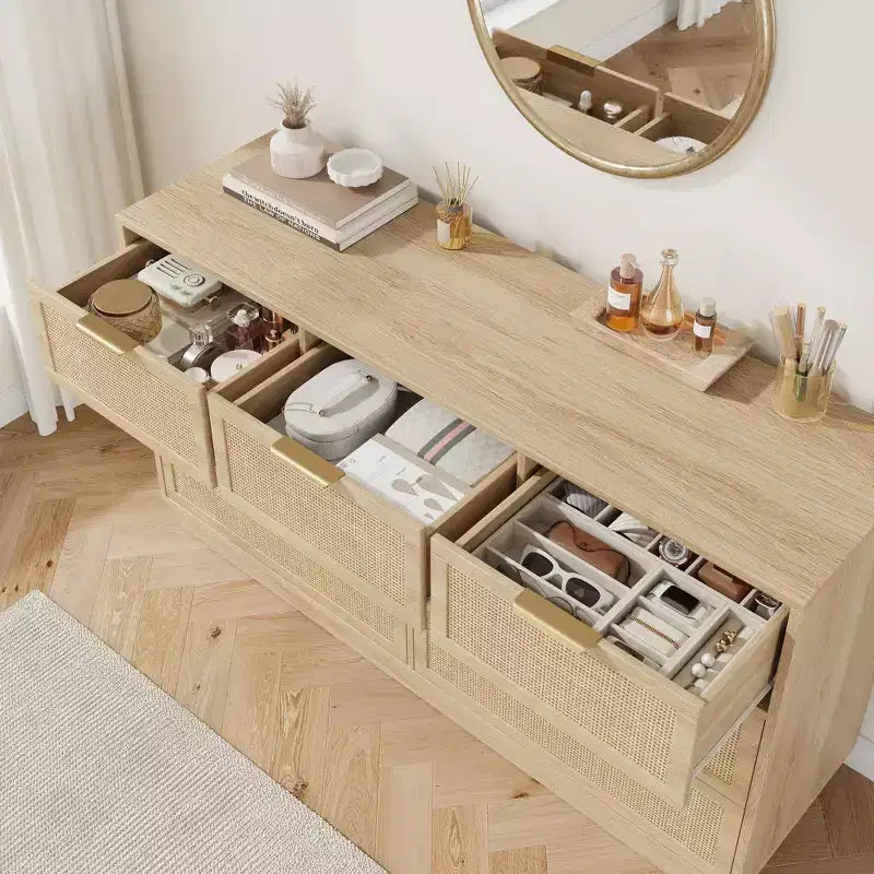 7 Drawer Rattan Dresser for Bedroom, Farmhouse Rattan TV Stand with 7 Storage Drawer,Modern Versatile Organizer for Bedroom,Entryway