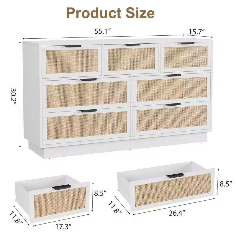 7 Drawer Rattan Dresser for Bedroom, Farmhouse Rattan TV Stand with 7 Storage Drawer,Modern Versatile Organizer for Bedroom,Entryway