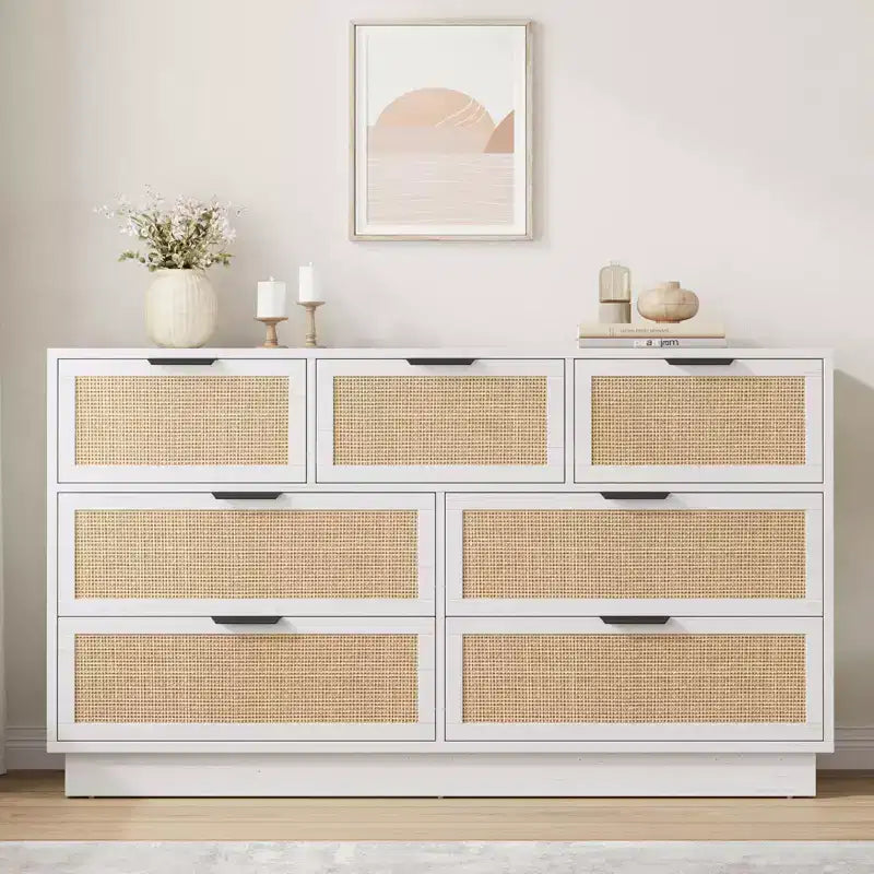 7 Drawer Rattan Dresser for Bedroom, Farmhouse Rattan TV Stand with 7 Storage Drawer,Modern Versatile Organizer for Bedroom,Entryway