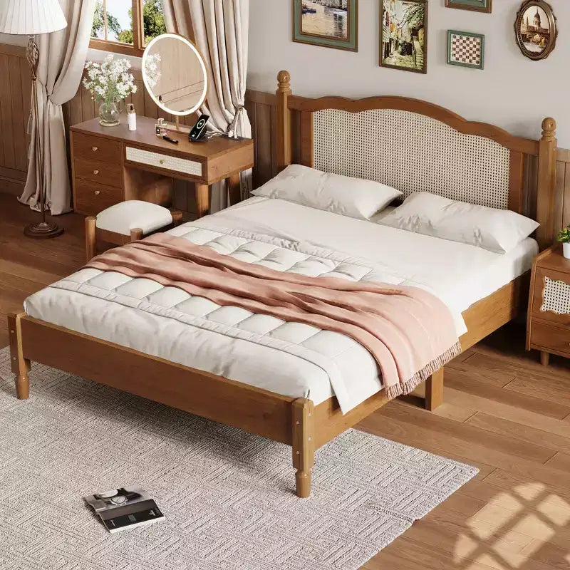 FAMYYT Queen Size Wooden Platform Bed with Natural Rattan Headboard and Wooden Slat Support, Easy Assembly