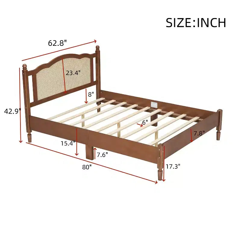 FAMYYT Queen Size Wooden Platform Bed with Natural Rattan Headboard and Wooden Slat Support, Easy Assembly