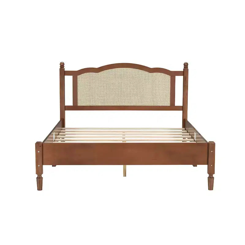 FAMYYT Queen Size Wooden Platform Bed with Natural Rattan Headboard and Wooden Slat Support, Easy Assembly