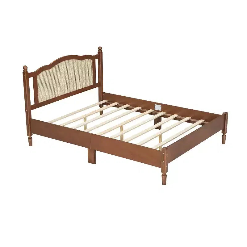 FAMYYT Queen Size Wooden Platform Bed with Natural Rattan Headboard and Wooden Slat Support, Easy Assembly