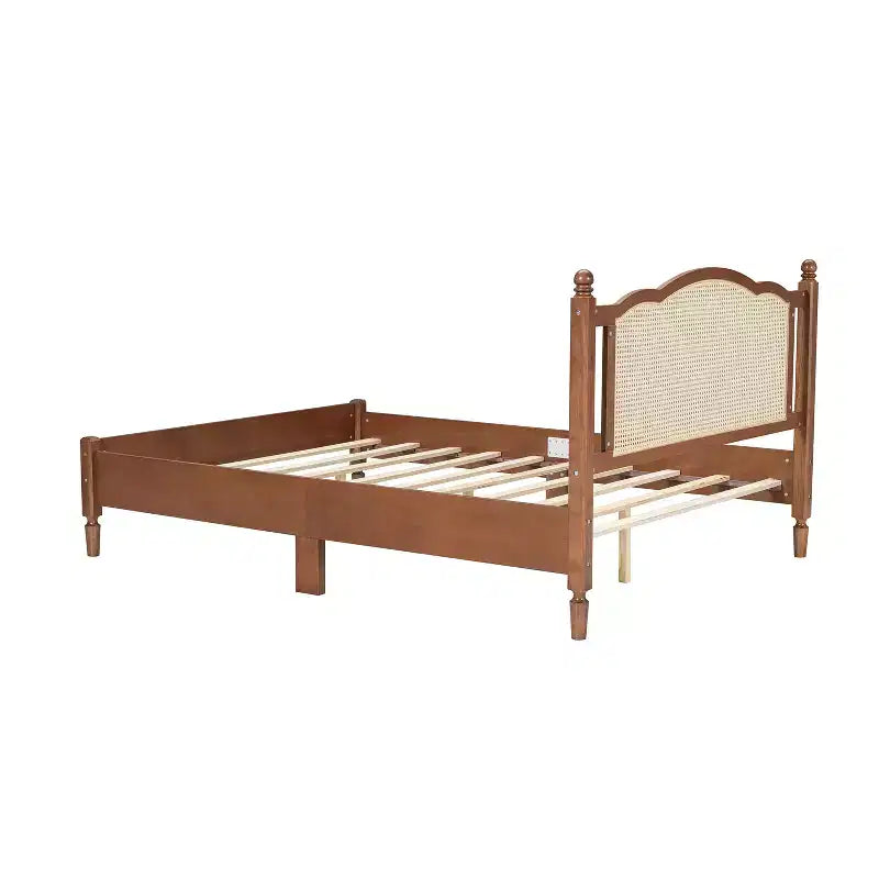 FAMYYT Queen Size Wooden Platform Bed with Natural Rattan Headboard and Wooden Slat Support, Easy Assembly