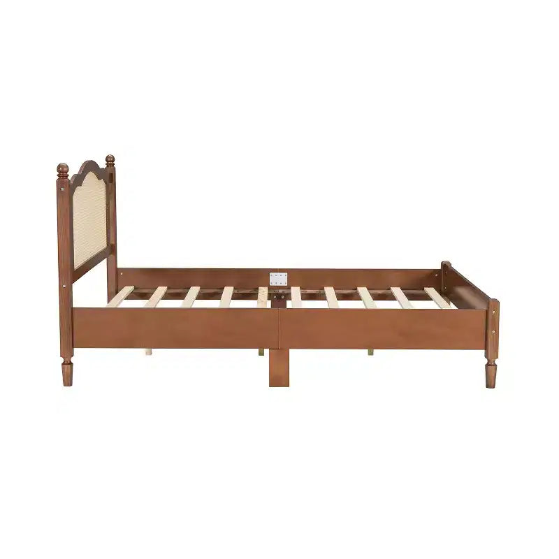 FAMYYT Queen Size Wooden Platform Bed with Natural Rattan Headboard and Wooden Slat Support, Easy Assembly