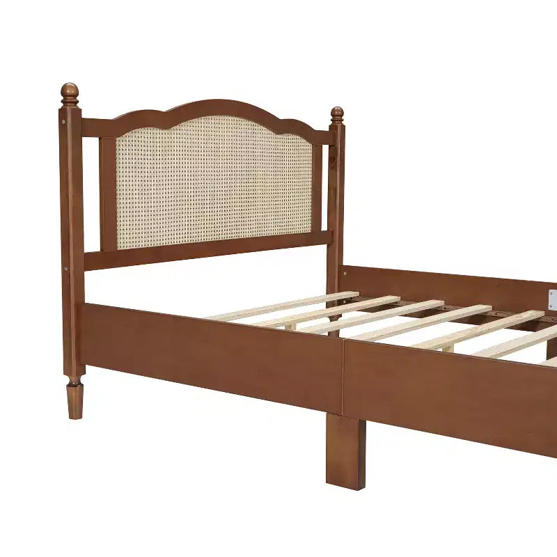 FAMYYT Queen Size Wooden Platform Bed with Natural Rattan Headboard and Wooden Slat Support, Easy Assembly