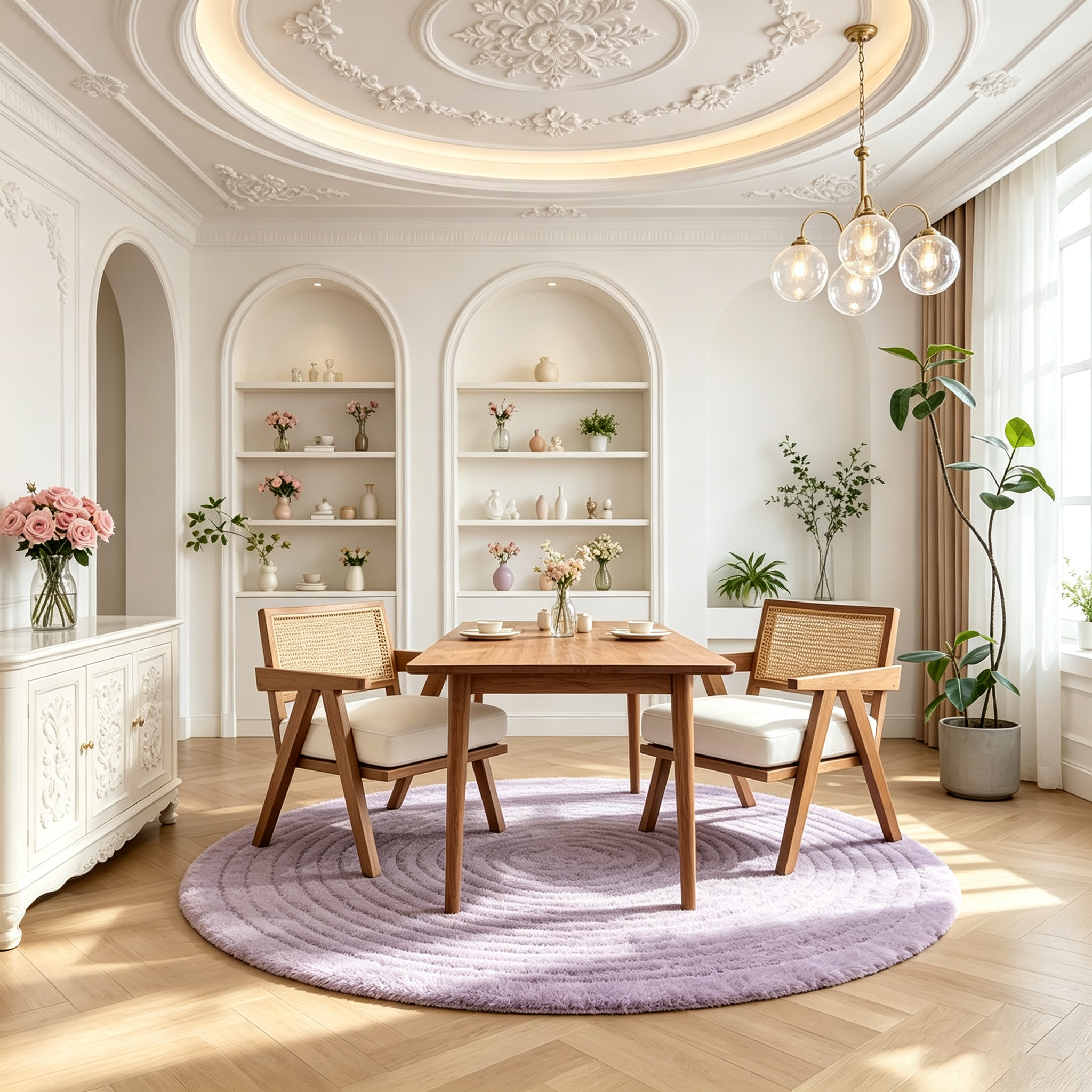 Fauteuil d'appoint Mid-Century, dossier en rotin, coussins en lin, cadre en bois