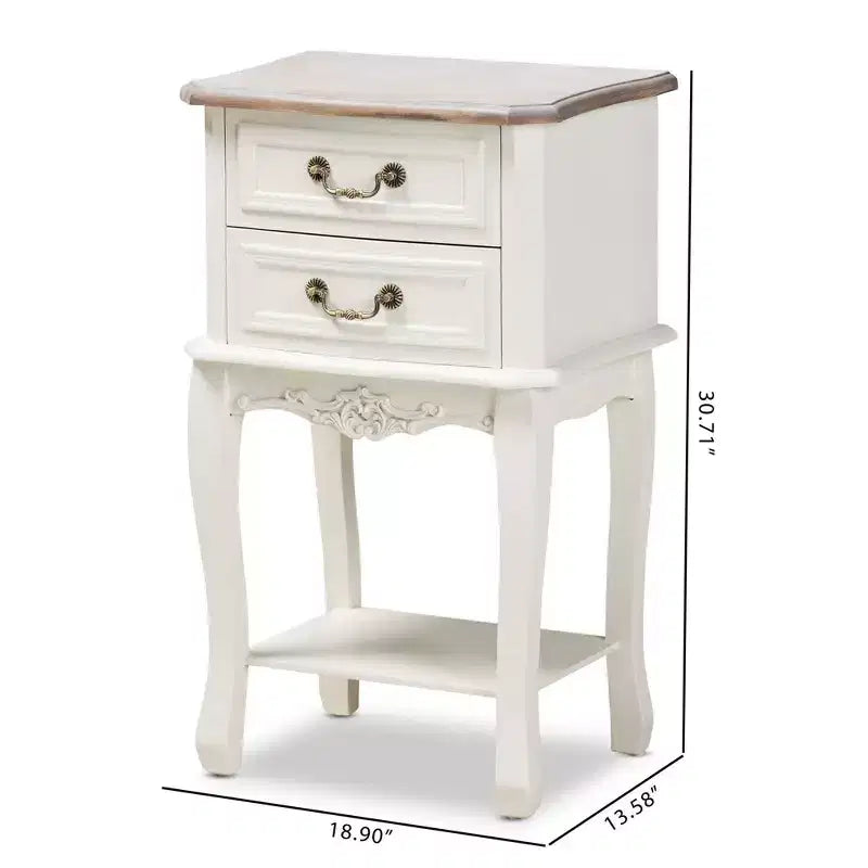 Amalie 2 Drawer Wood Nightstand White/Oak - Baxton Studio: French Provincial Style, Brass Handles, Open Shelf