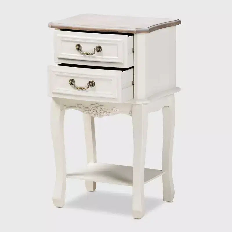 Amalie 2 Drawer Wood Nightstand White/Oak - Baxton Studio: French Provincial Style, Brass Handles, Open Shelf