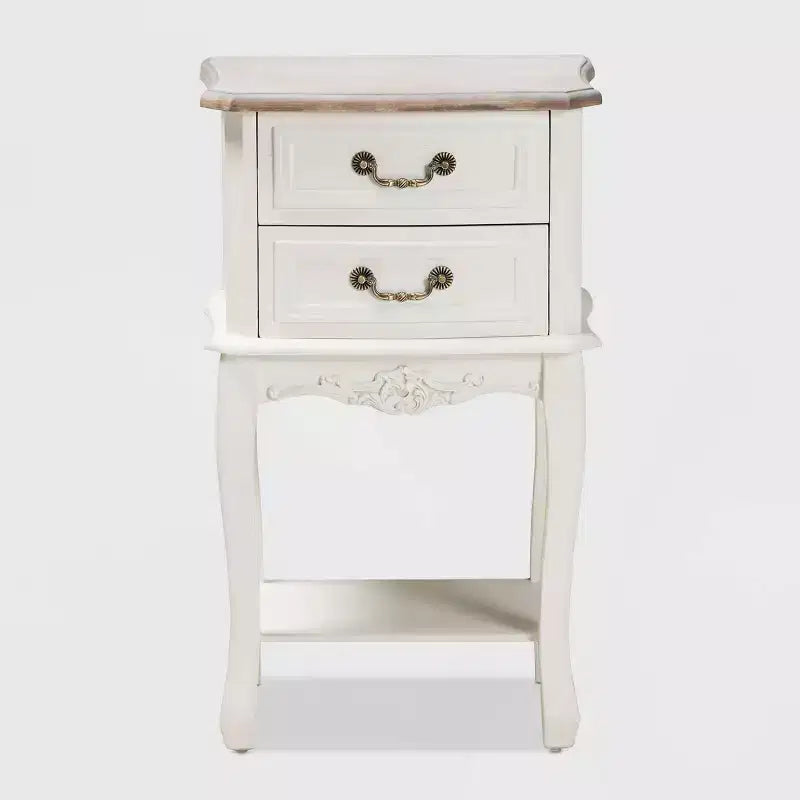Amalie 2 Drawer Wood Nightstand White/Oak - Baxton Studio: French Provincial Style, Brass Handles, Open Shelf