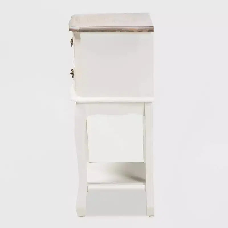 Amalie 2 Drawer Wood Nightstand White/Oak - Baxton Studio: French Provincial Style, Brass Handles, Open Shelf