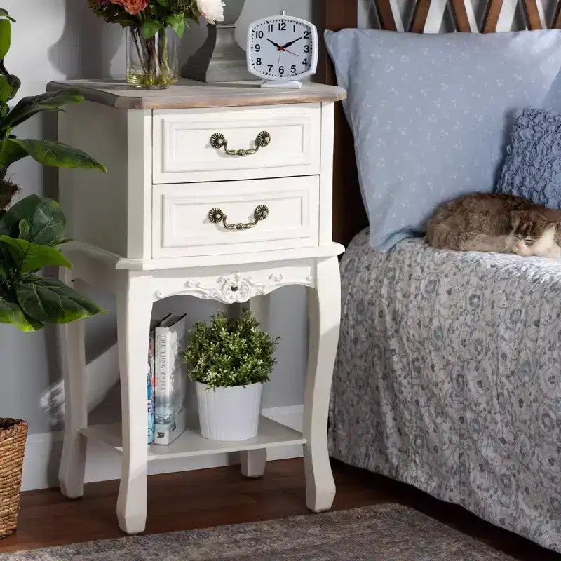 Amalie 2 Drawer Wood Nightstand White/Oak - Baxton Studio: French Provincial Style, Brass Handles, Open Shelf