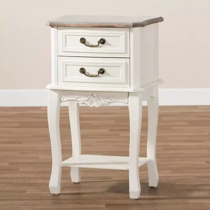 Amalie 2 Drawer Wood Nightstand White/Oak - Baxton Studio: French Provincial Style, Brass Handles, Open Shelf