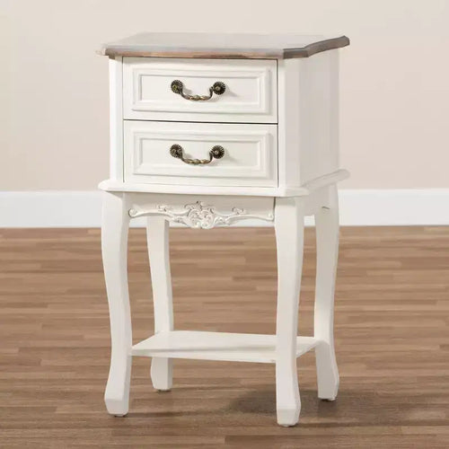 Amalie 2 Drawer Wood Nightstand White/Oak - Baxton Studio: French Provincial Style, Brass Handles, Open Shelf