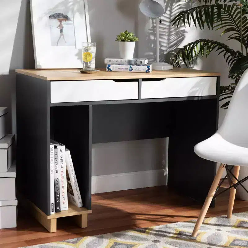 Reed 2 Drawer Wood Computer Desk - Gray/White - Baxton Studio: Contemporary Style, CPU Storage, Home Office Furniture