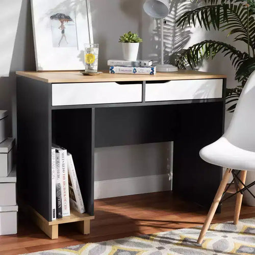 Reed 2 Drawer Wood Computer Desk - Gray/White - Baxton Studio: Contemporary Style, CPU Storage, Home Office Furniture