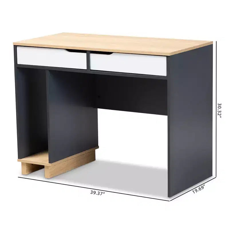 Reed 2 Drawer Wood Computer Desk - Gray/White - Baxton Studio: Contemporary Style, CPU Storage, Home Office Furniture