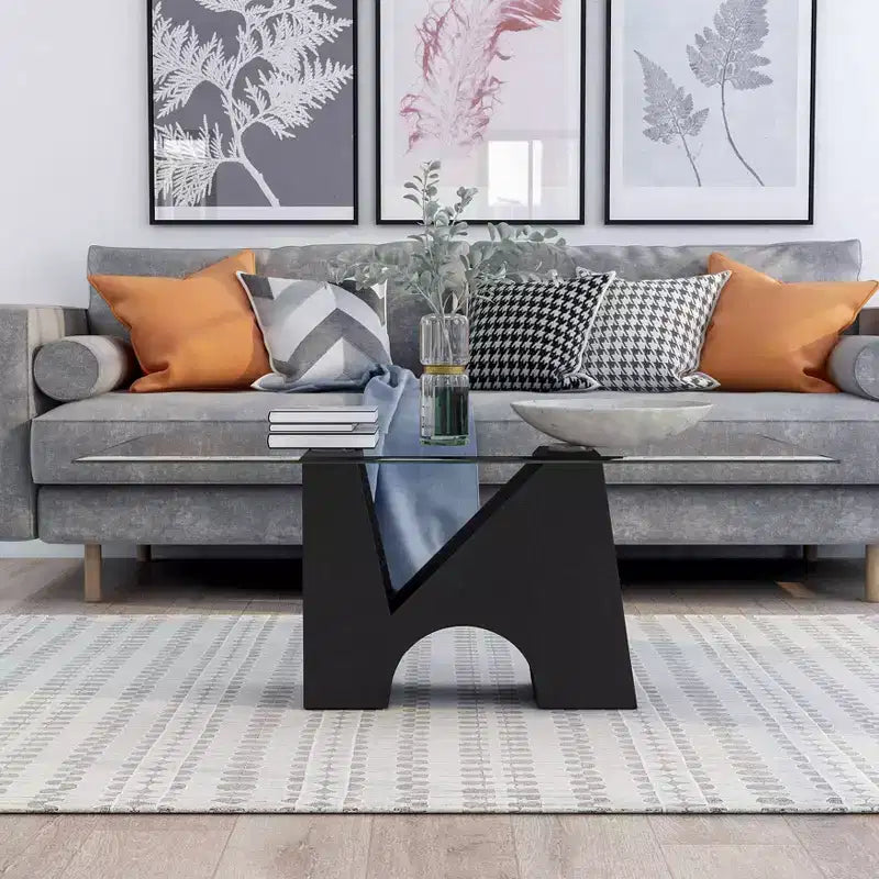 HOMES: Inside + Out Riverpoint Modern Rectangle Coffee Table Clear/Black: Steel Frame, Tempered Glass Top, Beveled Edges
