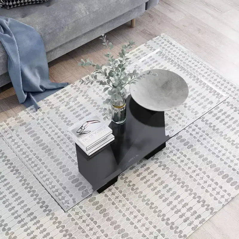 HOMES: Inside + Out Riverpoint Modern Rectangle Coffee Table Clear/Black: Steel Frame, Tempered Glass Top, Beveled Edges