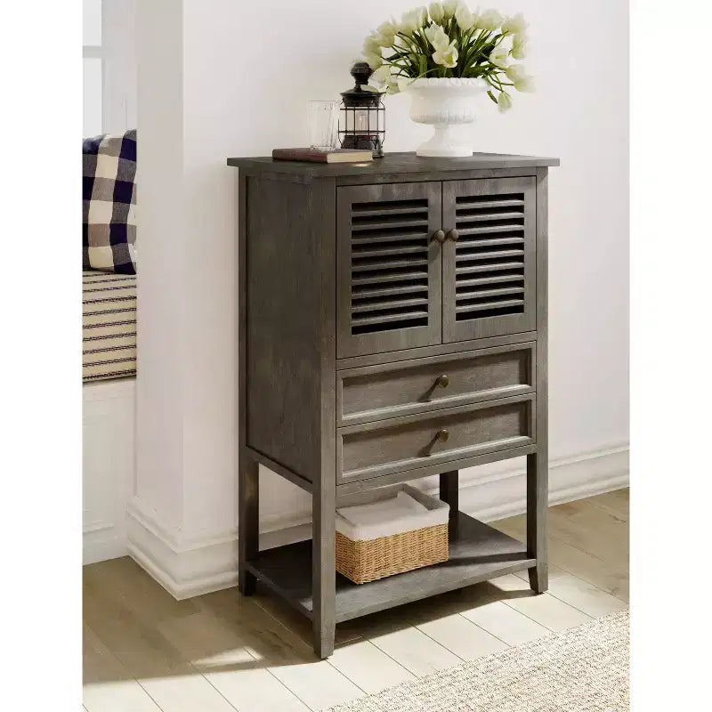 Elmhurst Cabinet Dark Gray - Finch: Traditional Style, Bronze Hardware, Wood Frame, 2 Doors, 2 Drawers