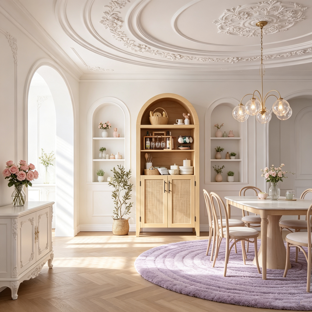 Bibliothèque arquée avec portes, étagère de présentation ouverte à 5 niveaux avec décor en rotin