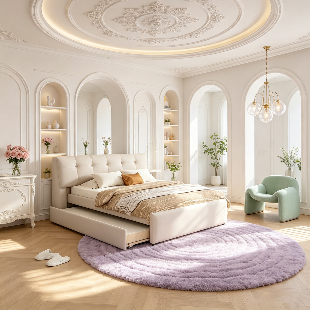 Lit plateforme Queen Size capitonné avec lampes de lecture et étagères
