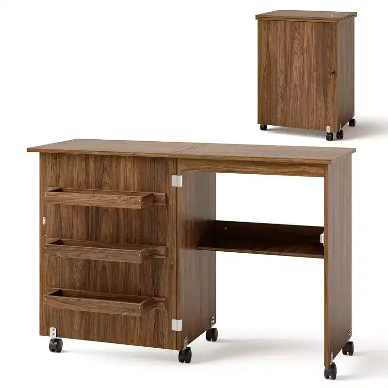 Costway Folding Sewing Craft Table Shelf Storage Cabinet Home Furniture W/Wheels