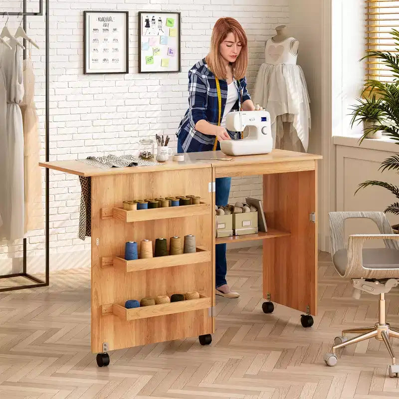 Costway Folding Sewing Craft Table Shelf Storage Cabinet Home Furniture W/Wheels