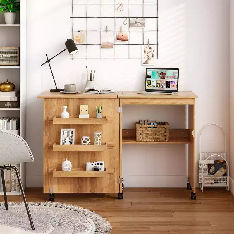 Costway Folding Sewing Craft Table Shelf Storage Cabinet Home Furniture W/Wheels