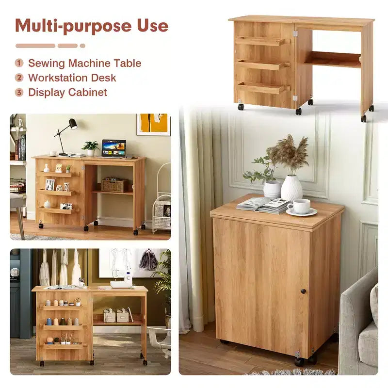 Costway Folding Sewing Craft Table Shelf Storage Cabinet Home Furniture W/Wheels