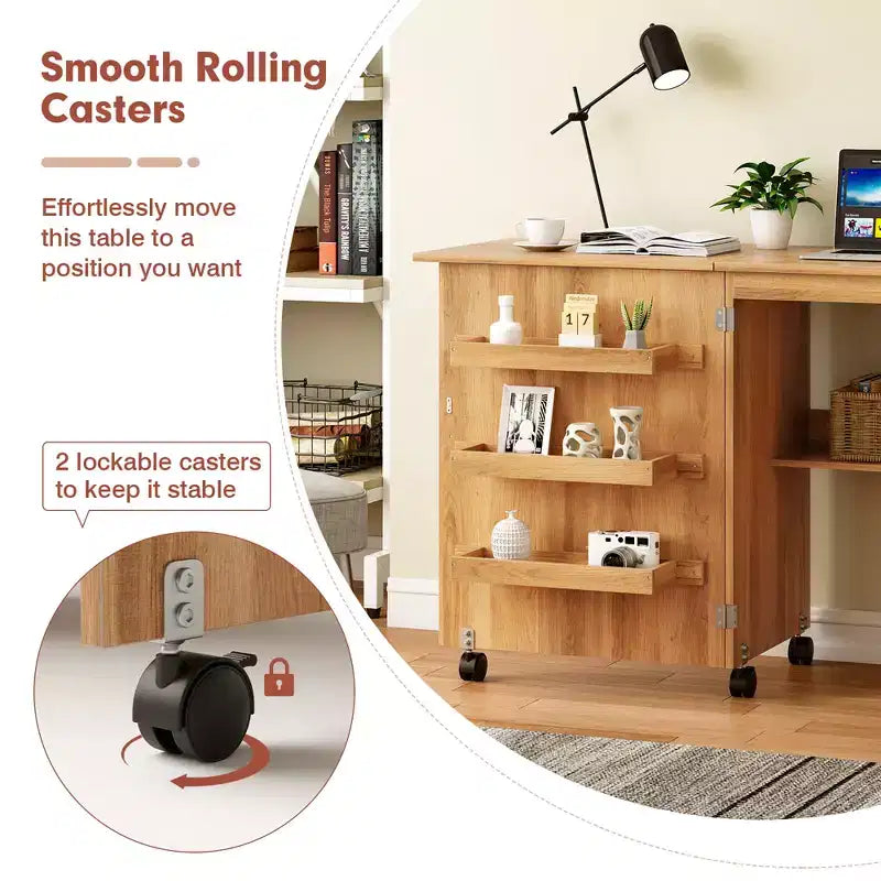 Costway Folding Sewing Craft Table Shelf Storage Cabinet Home Furniture W/Wheels
