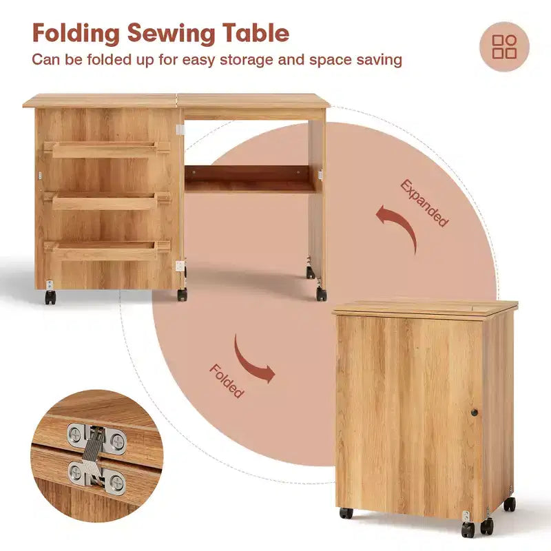 Costway Folding Sewing Craft Table Shelf Storage Cabinet Home Furniture W/Wheels