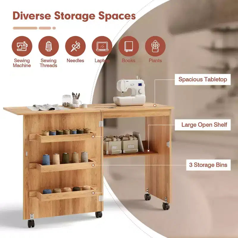Costway Folding Sewing Craft Table Shelf Storage Cabinet Home Furniture W/Wheels