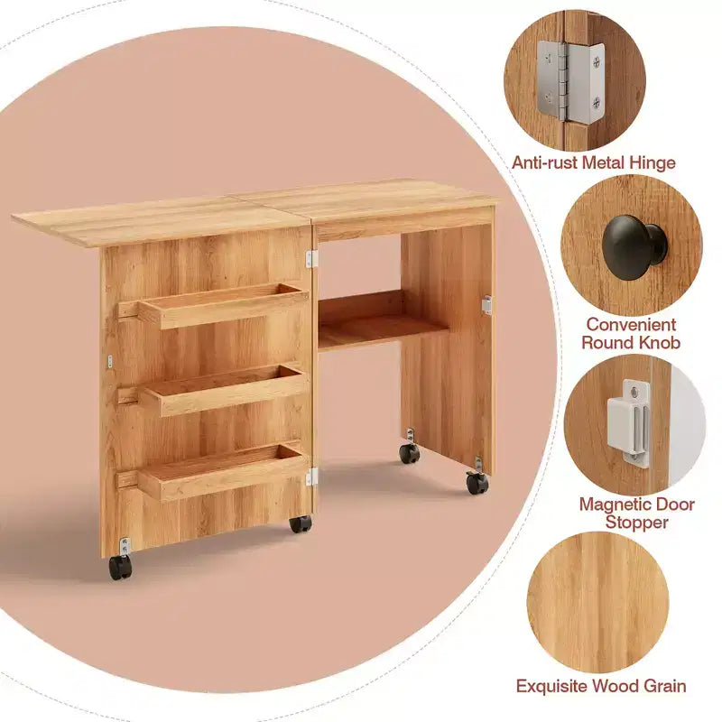 Costway Folding Sewing Craft Table Shelf Storage Cabinet Home Furniture W/Wheels