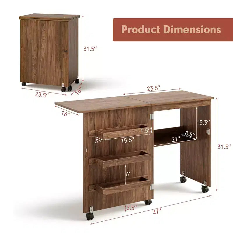 Costway Folding Sewing Craft Table Shelf Storage Cabinet Home Furniture W/Wheels