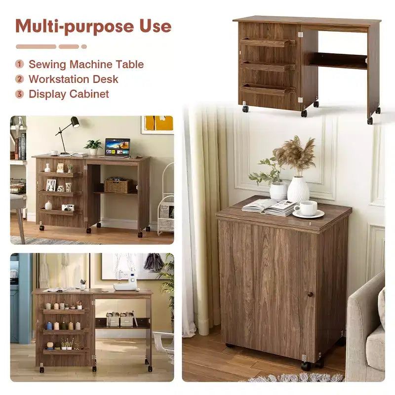 Costway Folding Sewing Craft Table Shelf Storage Cabinet Home Furniture W/Wheels