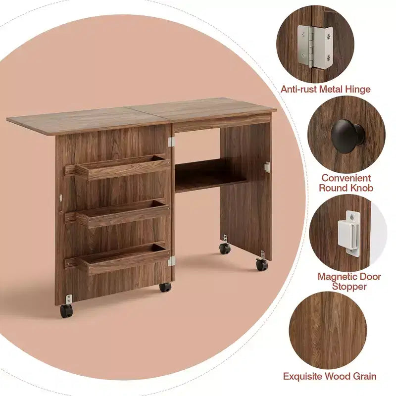 Costway Folding Sewing Craft Table Shelf Storage Cabinet Home Furniture W/Wheels