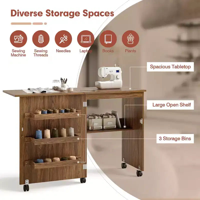 Costway Folding Sewing Craft Table Shelf Storage Cabinet Home Furniture W/Wheels