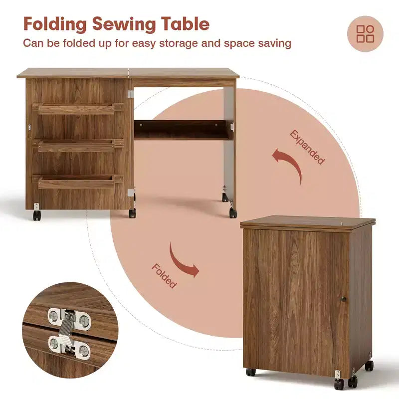 Costway Folding Sewing Craft Table Shelf Storage Cabinet Home Furniture W/Wheels