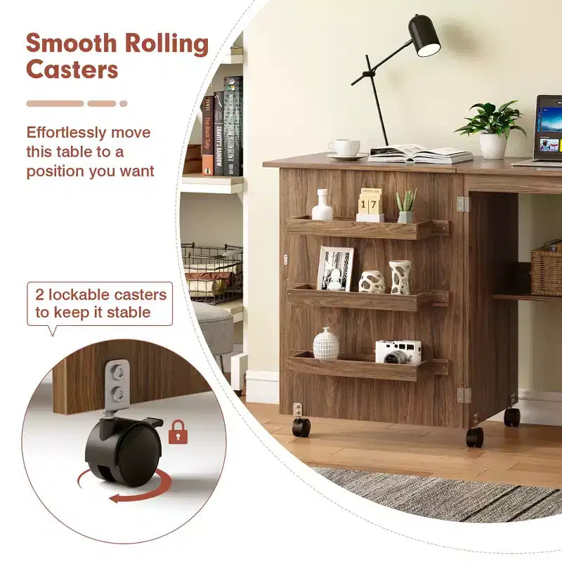 Costway Folding Sewing Craft Table Shelf Storage Cabinet Home Furniture W/Wheels
