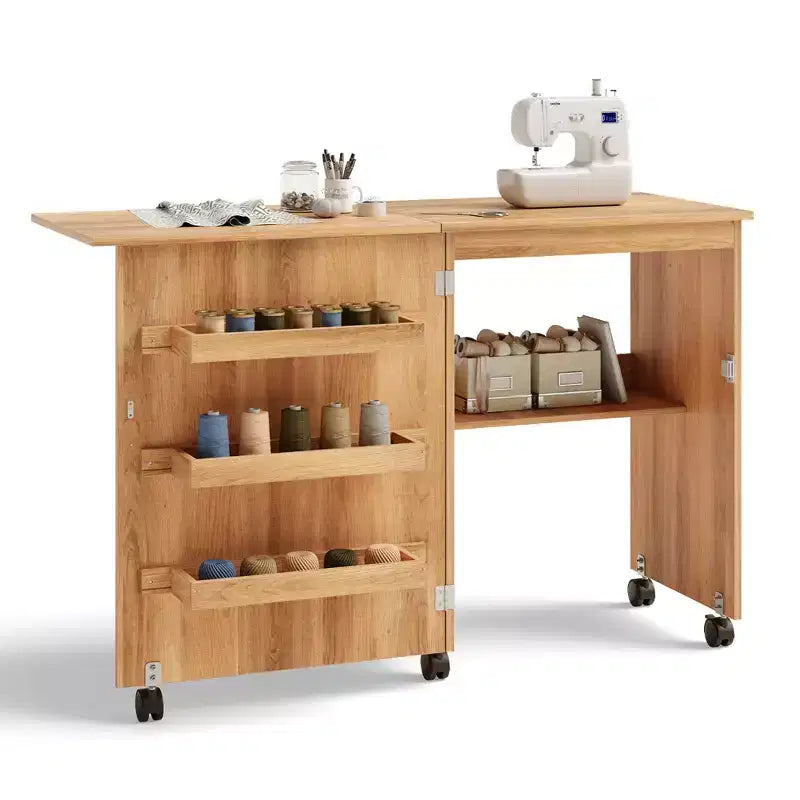 Costway Folding Sewing Craft Table Shelf Storage Cabinet Home Furniture W/Wheels