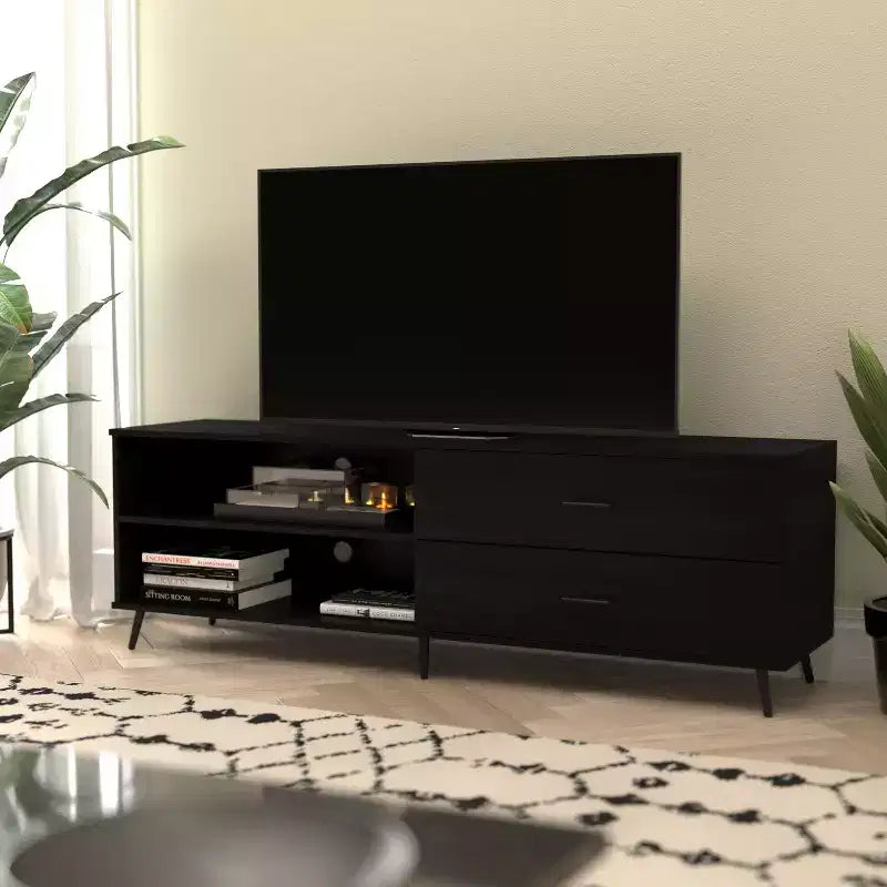Flash Furniture Nelson 65 Mid Century Modern TV Stand for up to 60 TV's with Adjustable Shelf and Storage Drawers