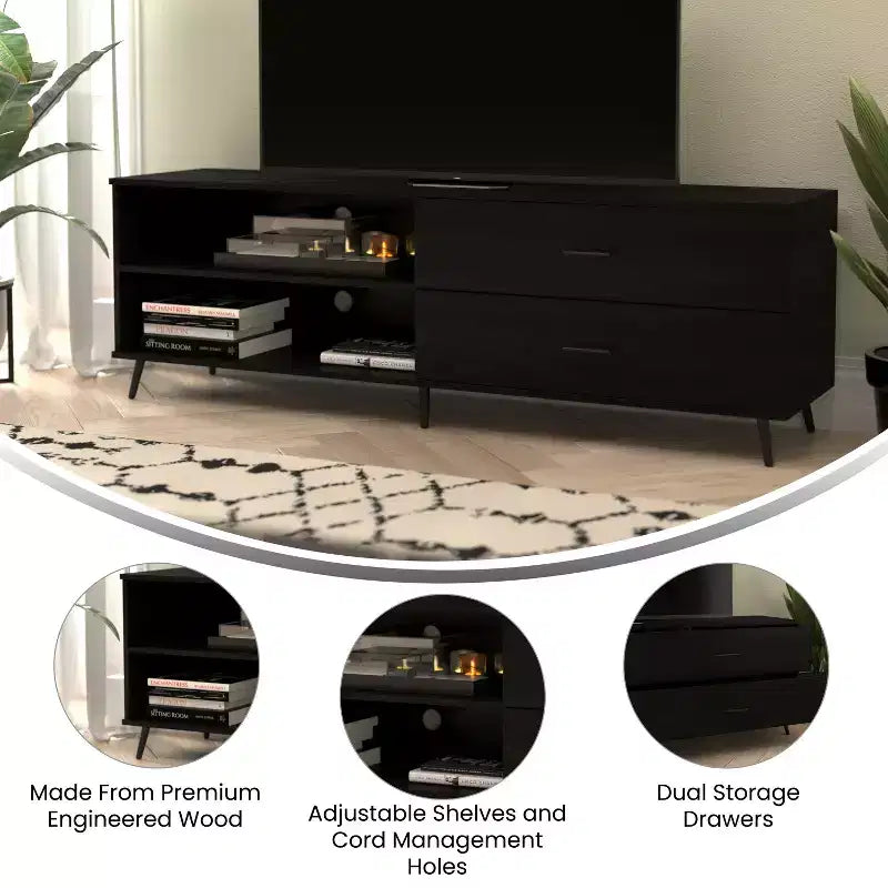 Flash Furniture Nelson 65 Mid Century Modern TV Stand for up to 60 TV's with Adjustable Shelf and Storage Drawers