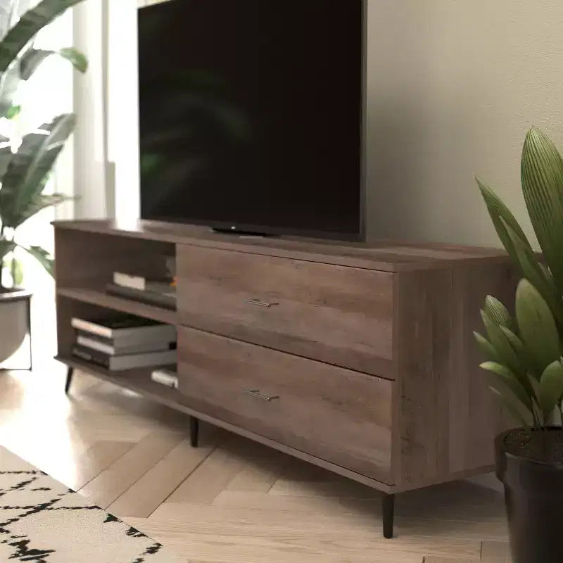 Flash Furniture Nelson 65 Mid Century Modern TV Stand for up to 60 TV's with Adjustable Shelf and Storage Drawers