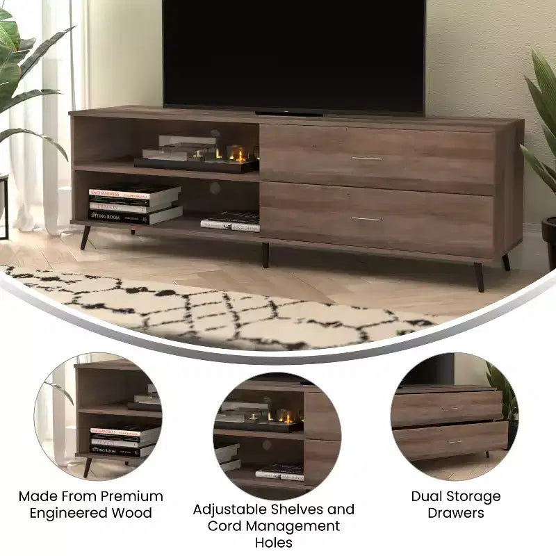 Flash Furniture Nelson 65 Mid Century Modern TV Stand for up to 60 TV's with Adjustable Shelf and Storage Drawers